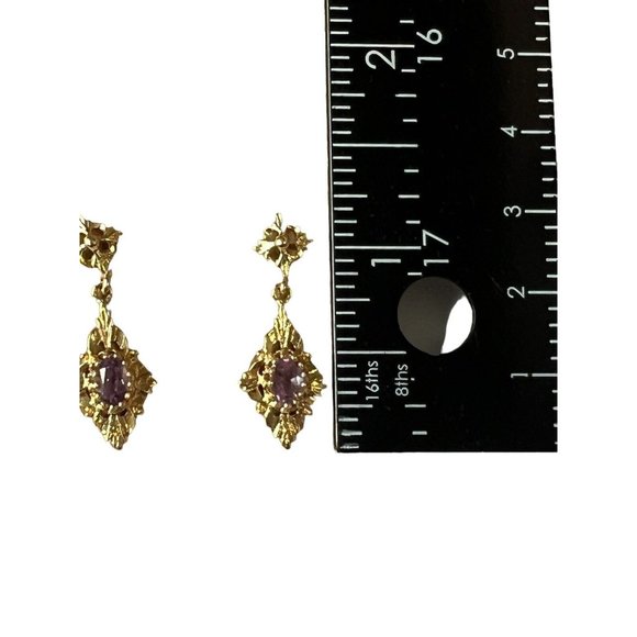 14K Earrings Gold Amethyst Filigree Drop Dangle Vintage Art Deco Signed CU - Picture 7 of 8